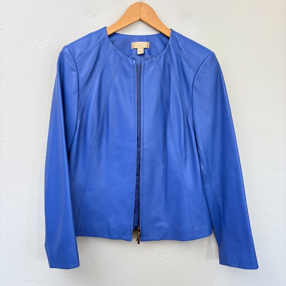 Nordstrom Lamb Leather Blazer Jacket Women Size Medium Blue Zip Up